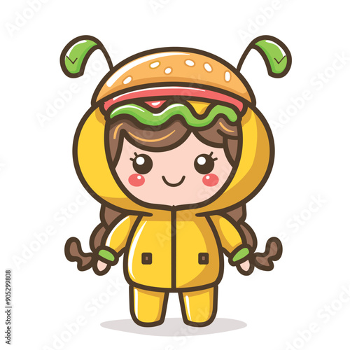 Cartoon character dressed hamburger. Cute female character wearing hamburger costume smiling face. Childfriendly design isolated white background