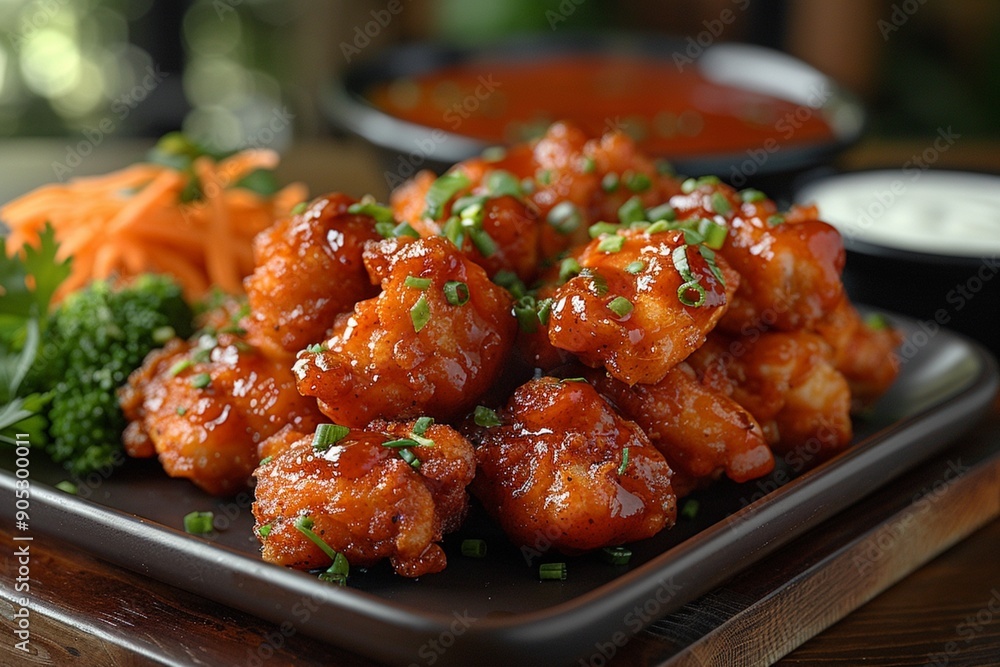 Boneless chicken wings dipped in buffalo and BBQ sauce Boneless chicken wings dipped in buffalo and BBQ sauce