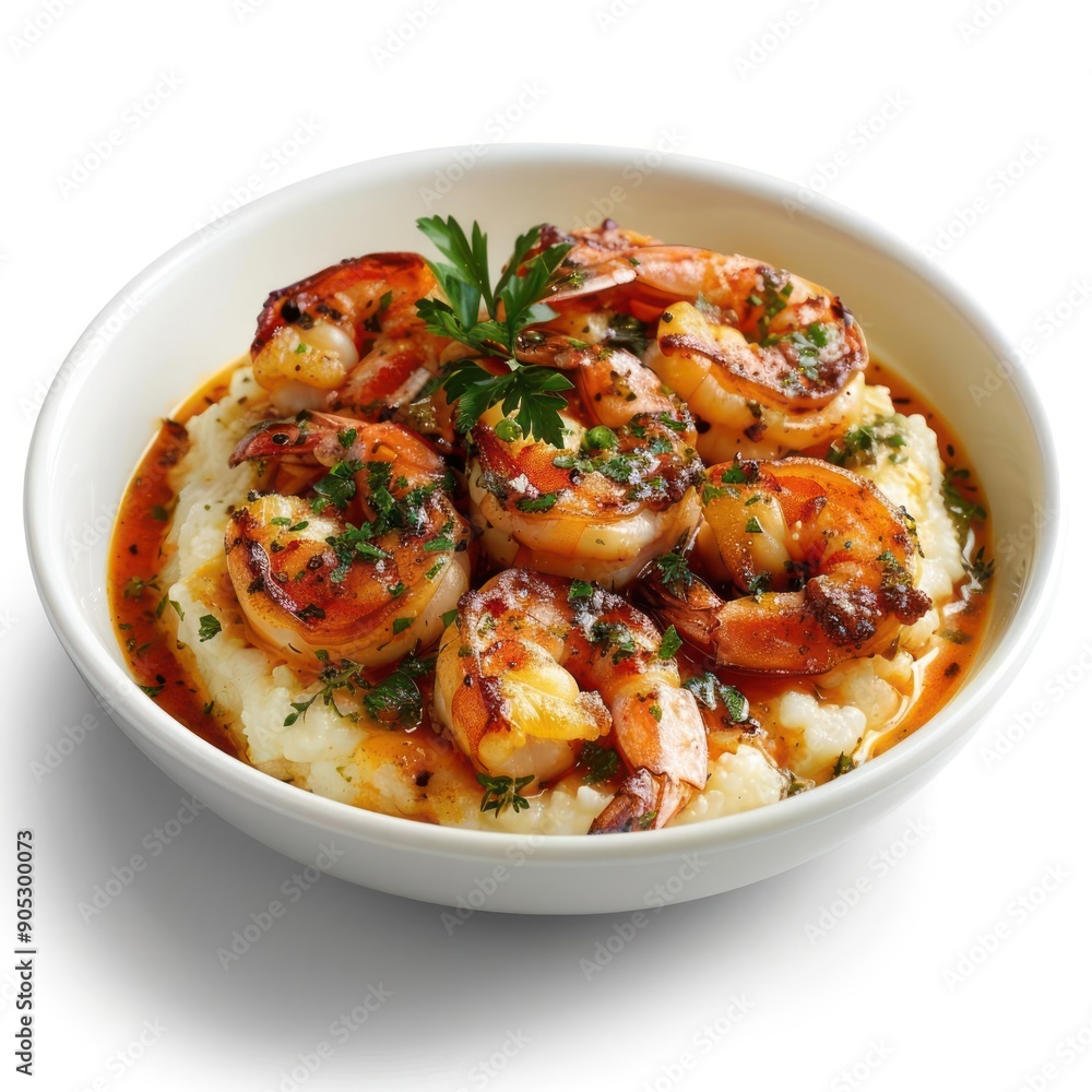 a white bowl filled with shrimp and mashed potatoes a white bowl filled with shrimp and mashed potatoes