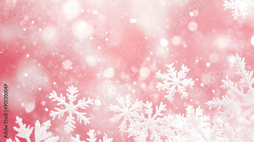 Snow-covered pink background with gentle white snowflakes, creating a sweet Christmas winter design. The pink hue adds a soft, festive charm.