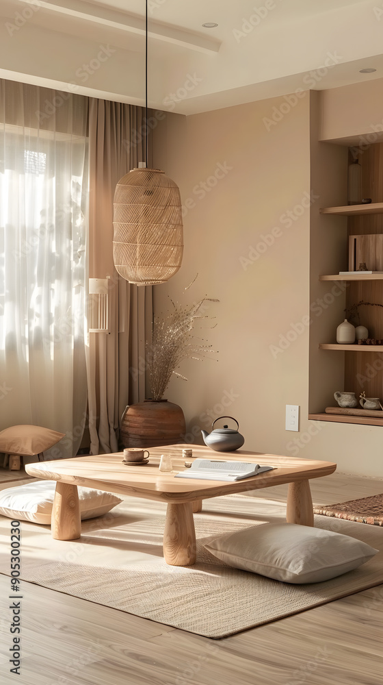 Modern interior room in soft, neutral tones. Walls painted in warm beige, light wood colors. Cozy atmosphere. Modern interior room in soft, neutral tones. Walls painted in warm beige, light wood colors. Cozy atmosphere.
