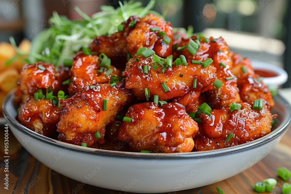 Boneless chicken wings dipped in buffalo and BBQ sauce Boneless chicken wings dipped in buffalo and BBQ sauce