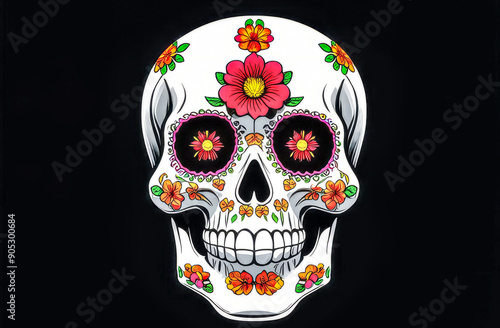 A colorful ceremony honoring the ancestors on the Day of the Dead. Mexican skull with beautiful flowers