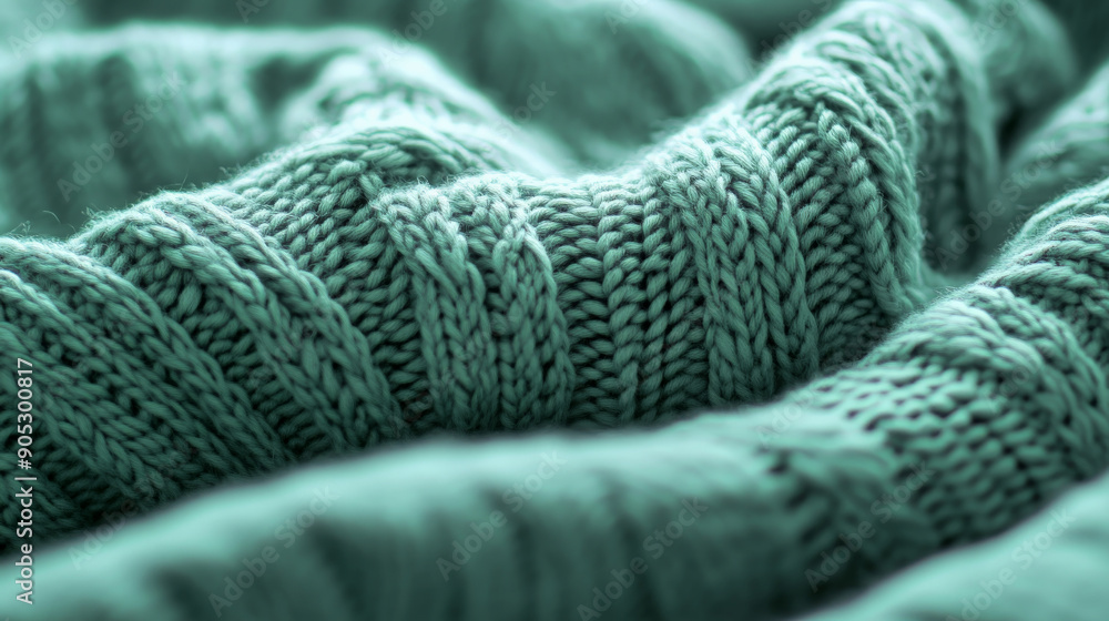 Fototapeta premium A mint abstract background featuring a fine, knitted pattern, resembling a cozy sweater. The intricate design adds warmth and comfort.