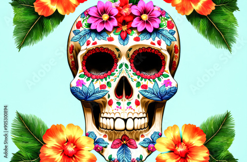 A colorful ceremony honoring the ancestors on the Day of the Dead. Mexican skull with beautiful flowers