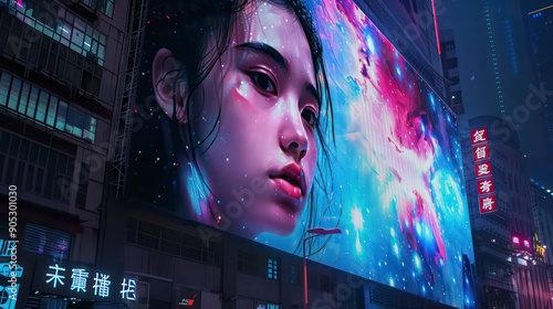 led billboards with a young cyber girl on a city night photo