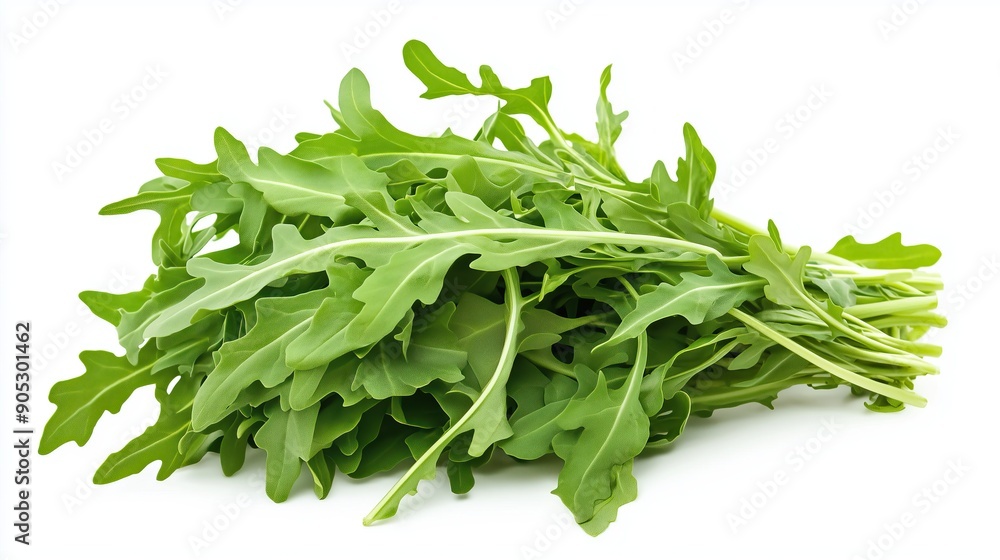 Bright bunch of fresh arugula herb on white background Bright bunch of fresh arugula herb on white background
