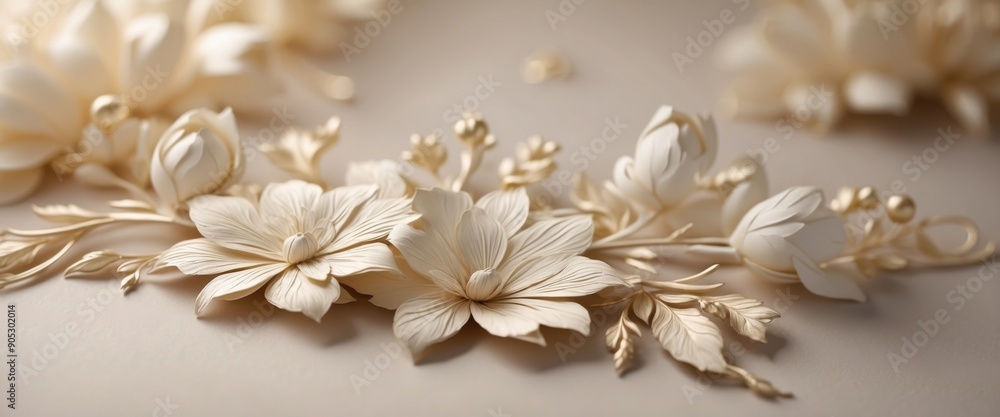 Beautiful texture of paper Wallpaper embossed in form of a classic floral ornament in light golden beige and white tones. Beautiful texture of paper Wallpaper embossed in form of a classic floral ornament in light golden beige and white tones.