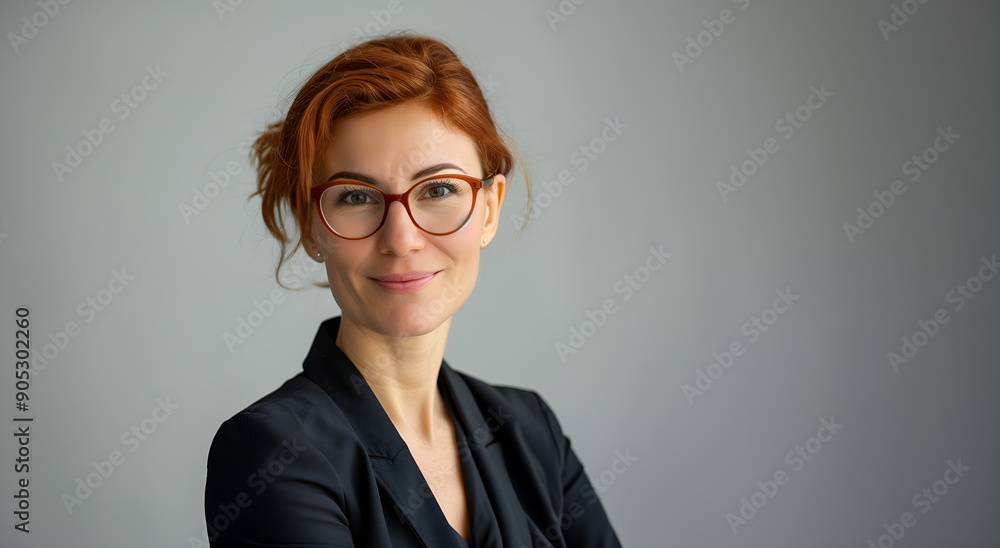 Female chief executive Smiling businesswoman standing hands crossed on the grey background, copyspace, layout Female chief executive Smiling businesswoman standing hands crossed on the grey background, copyspace, layout