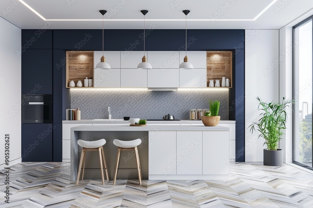Modern white and blue kitchen with wooden details and parquet floor ...