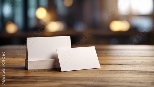 Wallpaper Mural Blank business cards on wooden table Mockup for branding identity. Torontodigital.ca