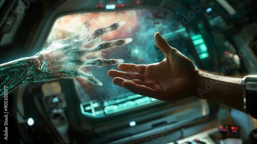 A human hand reaching out to touch an alien or robotic hand in a futuristic spaceship setting