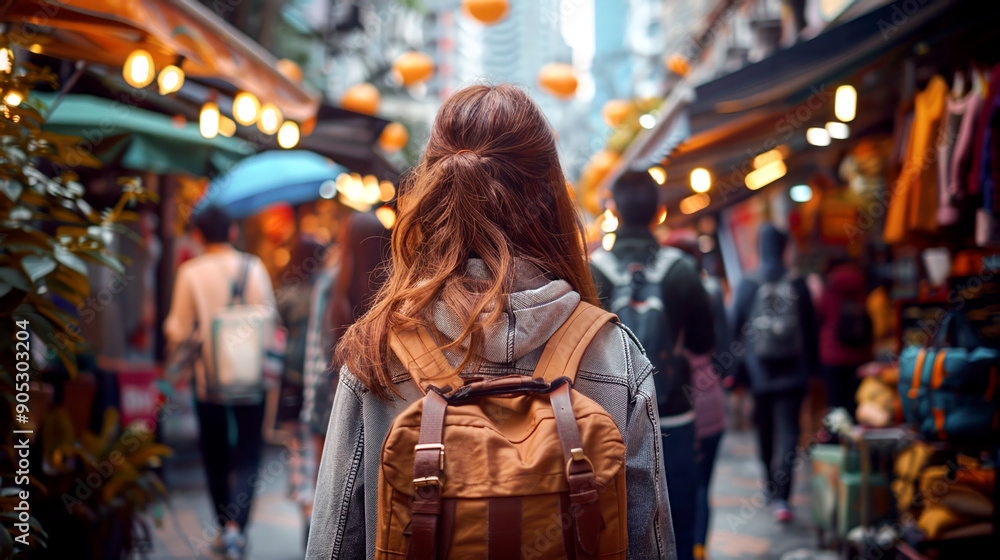 Woman with a backpack exploring a vibrant market street filled with colorful lights and bustling activity, capturing the essence of urban adventure. Woman with a backpack exploring a vibrant market street filled with colorful lights and bustling activity, capturing the essence of urban adventure.