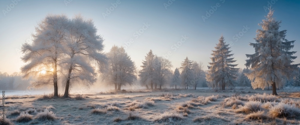 Beautiful natural landscape of the park in winter with coniferous and deciduous trees covered with hoarfrost and snow caps in morning light of rising sun. Beautiful natural landscape of the park in winter with coniferous and deciduous trees covered with hoarfrost and snow caps in morning light of rising sun.