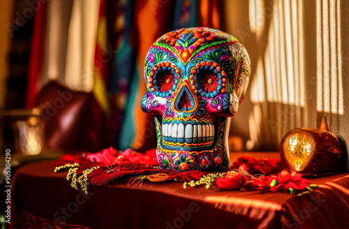 A colorful ceremony honoring the ancestors on the Day of the Dead. Mexican skull with beautiful flowers