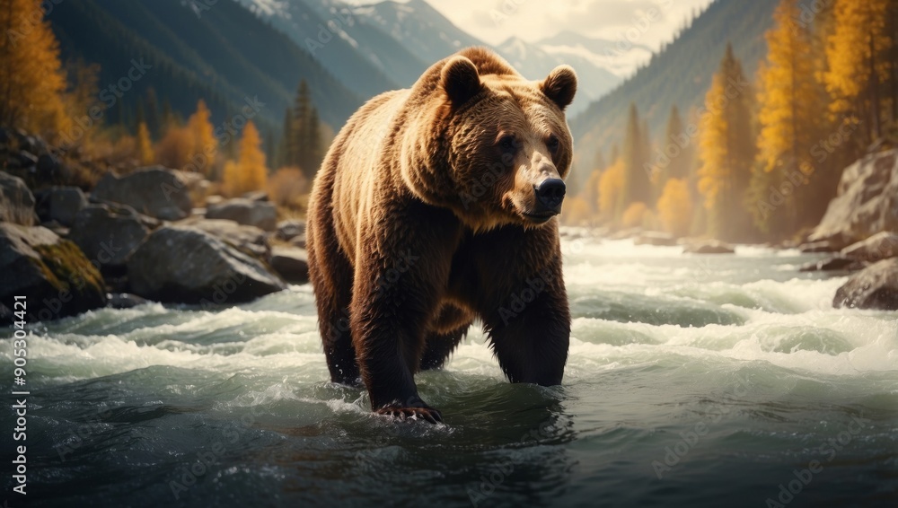 Bear Double Exposure Majestic Ursine Silhouette Fishing in a Flowing River. Bear Double Exposure Majestic Ursine Silhouette Fishing in a Flowing River.