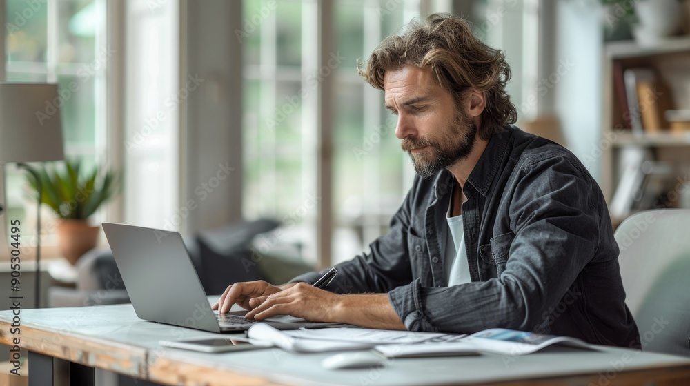 Focused Individual Working on Laptop at Home Office During Daytime. Generative AI Focused Individual Working on Laptop at Home Office During Daytime. Generative AI