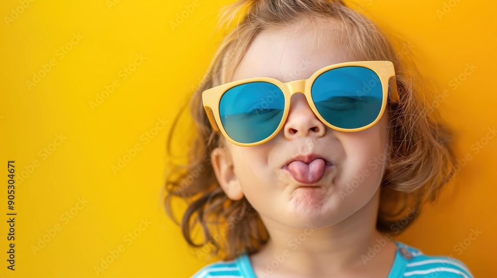 Joyful child wearing oversized sunglasses makes a funny face with her tongue out on a yellow background, radiating happiness and playfulness Joyful child wearing oversized sunglasses makes a funny face with her tongue out on a yellow background, radiating happiness and playfulness