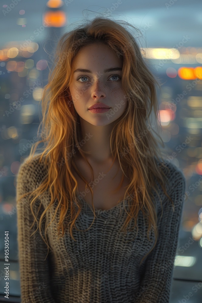 Obraz premium Young woman on a rooftop terrace, looking out at the bustling city below