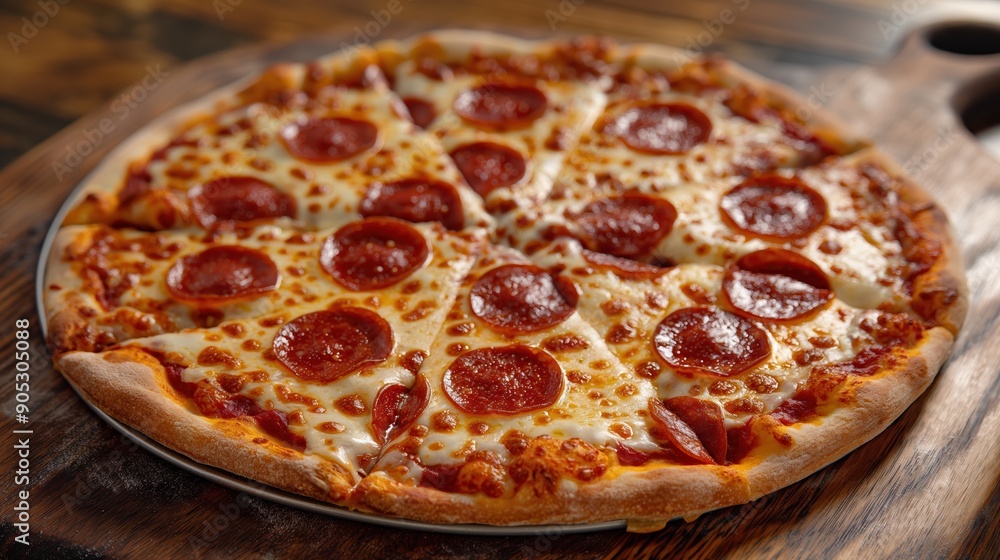 Delicious pepperoni pizza with melted cheese, sliced on wooden table. Perfect for lunch, dinner, or snack. Great for pizza parties with friends Delicious pepperoni pizza with melted cheese, sliced on wooden table. Perfect for lunch, dinner, or snack. Great for pizza parties with friends