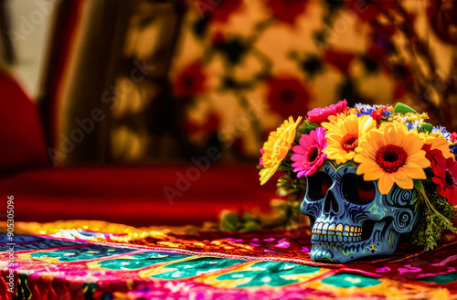 A colorful ceremony honoring the ancestors on the Day of the Dead. Mexican skull with beautiful flowers