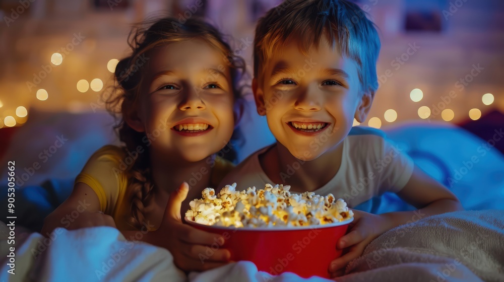 Two young siblings are lying on a bed with fairy lights in the background, sharing a bowl of popcorn and smiling. This image evokes concepts such as childhood, family, happiness and home cinema Two young siblings are lying on a bed with fairy lights in the background, sharing a bowl of popcorn and smiling. This image evokes concepts such as childhood, family, happiness and home cinema
