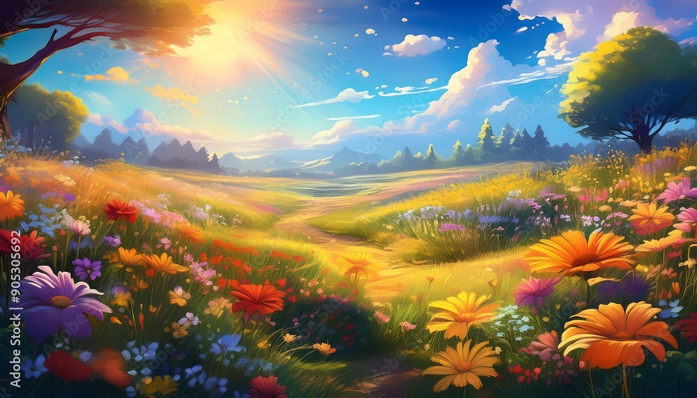 Vibrant meadow with colorful wildflowers and a gentle breeze at midday Vibrant meadow with colorful wildflowers and a gentle breeze at midday