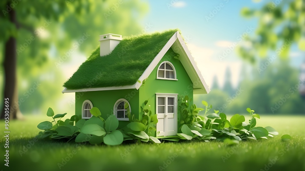 Conceptual Green Eco House on a Sunny Lawn. Sustainability concept represented by a small, green, eco-friendly house icon with lush lawn and fresh leaves. Conceptual Green Eco House on a Sunny Lawn. Sustainability concept represented by a small, green, eco-friendly house icon with lush lawn and fresh leaves.