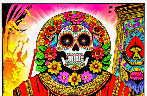 A colorful ceremony honoring the ancestors on the Day of the Dead. Mexican skull with beautiful flowers