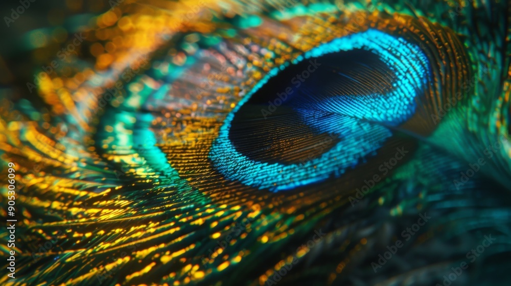 Naklejka premium Iridescent Peacock Feather, vivid blues and greens shimmering, intricate barbules in sharp focus, showcasing the exquisite eye pattern with stunning detail and depth.