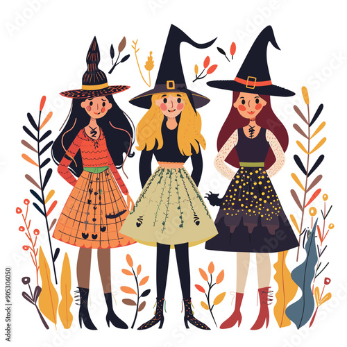 Three witches dressed colorful outfits surrounded autumn foliage, witch wears unique hat cheerful demeanor. Whimsical folk art style Halloween celebration, isolated white background
