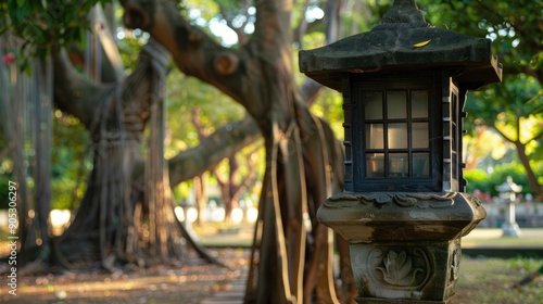 Close up of lantern on wooden post in park with metal frame and banyan tree in background