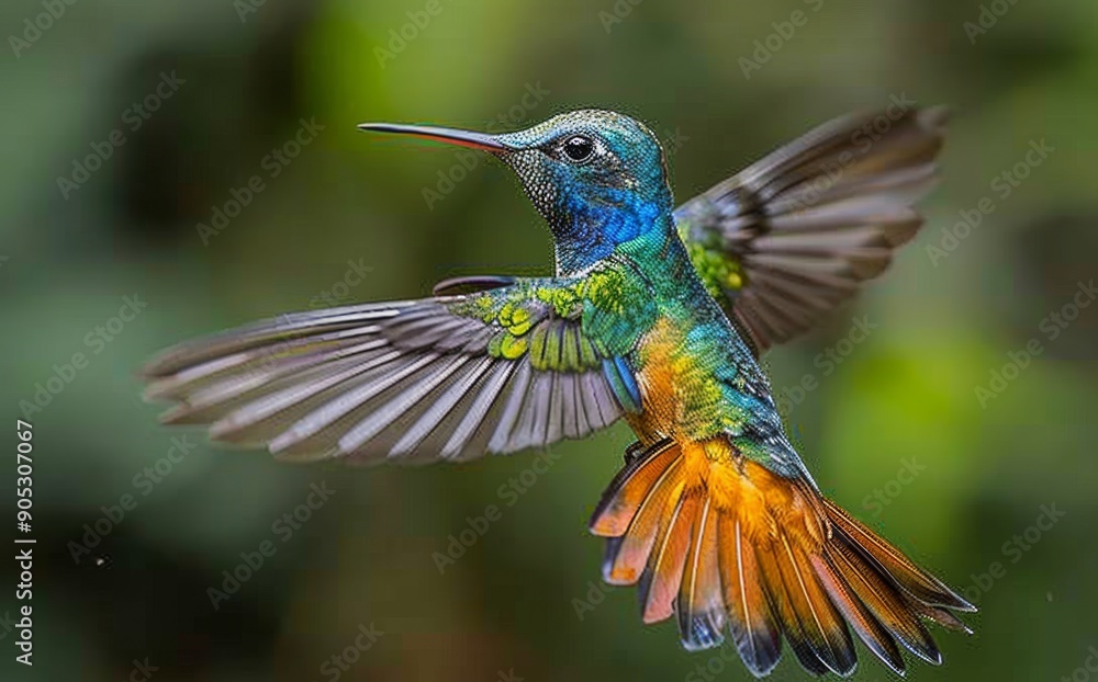 Fototapeta premium Sapphire-throated Hummingbird in Flight Over a National Park, a Majestic Display of Nature's Beauty and Wildlife Conservation Efforts