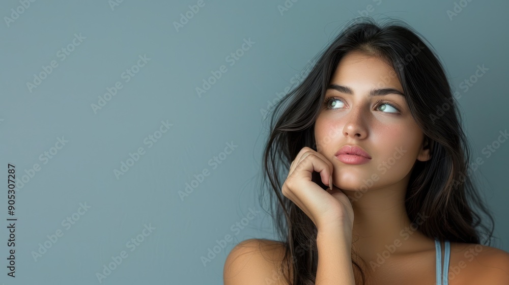 Young woman with a pensive expression and hand on chin standing against a solid studio background Young woman with a pensive expression and hand on chin standing against a solid studio background
