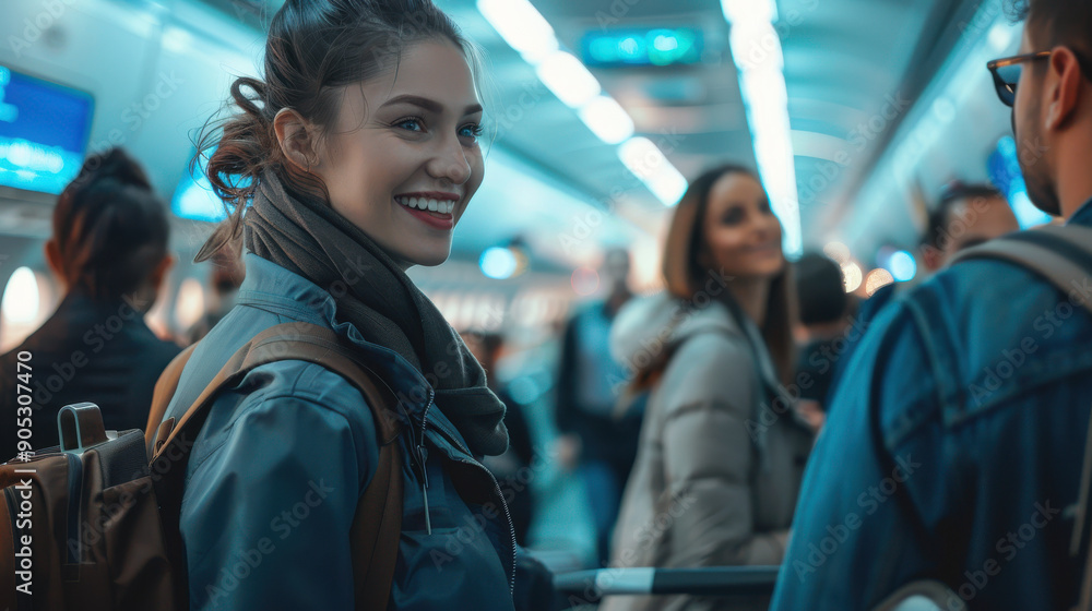A flight attendant interacting with passengers at the boarding gate, preparing for a smooth boarding process. A flight attendant interacting with passengers at the boarding gate, preparing for a smooth boarding process.