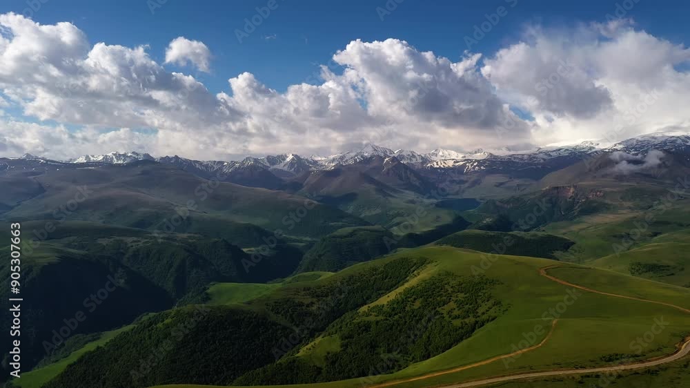 Elbrus Region. Flying over a highland plateau. Beautiful landscape of nature. Mount Elbrus is visible in the background. Elbrus Region. Flying over a highland plateau. Beautiful landscape of nature. Mount Elbrus is visible in the background.