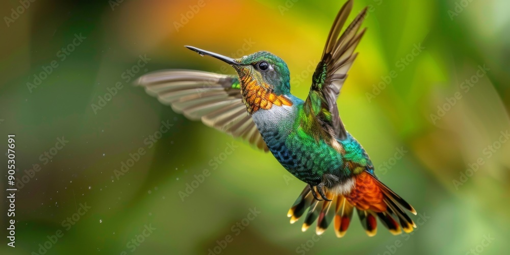 Fototapeta premium Sapphire-throated Hummingbird in Flight Over a National Park, a Majestic Display of Nature's Beauty and Wildlife Conservation Efforts