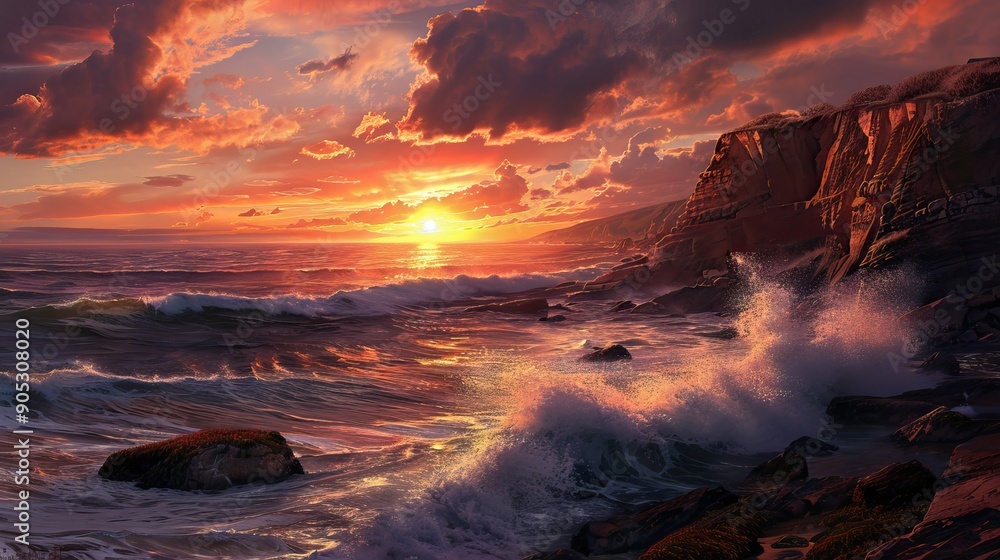 Fototapeta premium Dramatic Sunset with Cliffs Overlooking the Ocean. AI generated illustration.