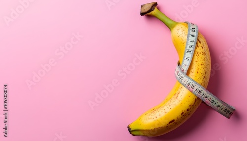 a yellow banana with measuring tape wrapped around it, on pink background