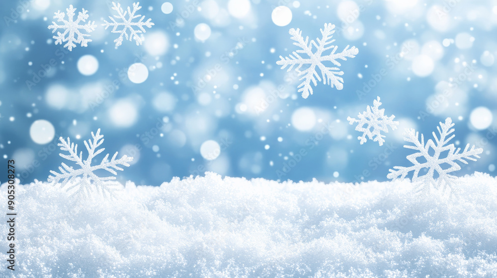 Naklejka premium Snow-covered sky blue background with soft white snowflakes, forming a serene Christmas winter design. The sky blue hue adds a tranquil, festive feel.