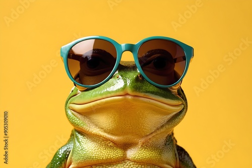 Fototapeta Naklejka Na Ścianę i Meble -  Funny frog with sunglasses, isolated on yellow background. Charming green animal with a quirky expression.