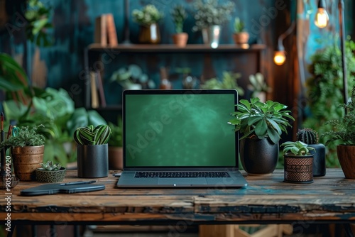 Stylish office accessories surrounding a laptop with a blank green screen for product mockup. Minimalist workspace concept.