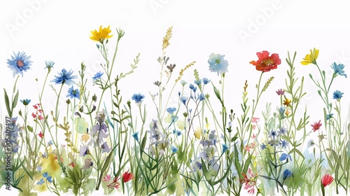 
Watercolor illustration of wild plants and flowers. Hand painted meadow with grass and wildflowers floral illustration