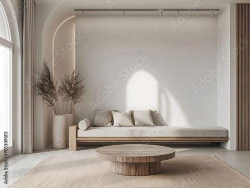 Aesthetic elegant minimalist japandi interior design. Clear mock up empty wall for decoration. Copy space. Neutral palette of natural colors. photo