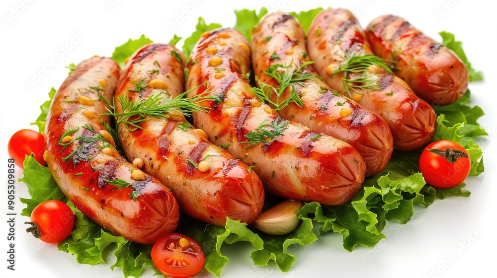 Grilled sausages with cherry tomatoes dill garlic and mustard sauce on lettuce leaf close up shot on white background Grilled sausages with cherry tomatoes dill garlic and mustard sauce on lettuce leaf close up shot on white background