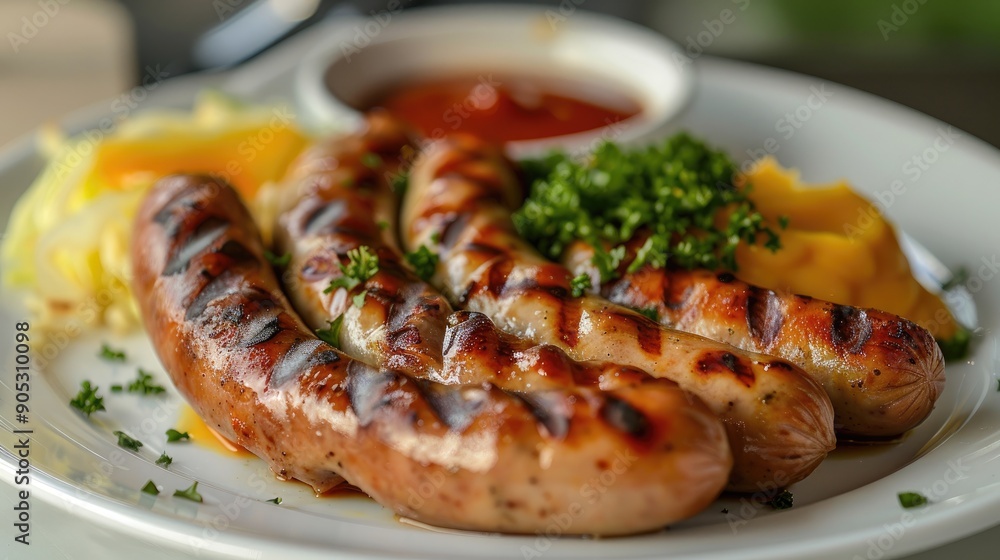 Grilled sausages with cabbage and sauces on a white plate in a restaurant kitchen concept Grilled sausages with cabbage and sauces on a white plate in a restaurant kitchen concept