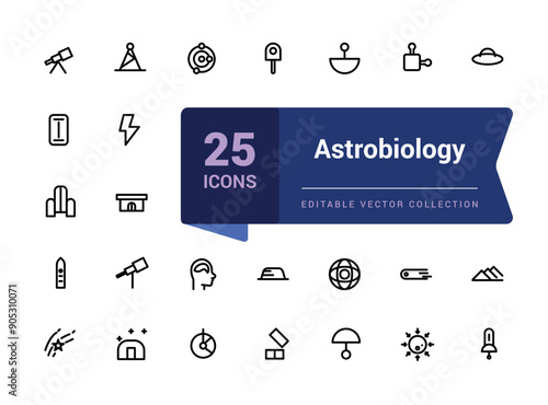 Astrobiology icon collection. Set Science outline icons collection. Minimal Linear icon editable vector stroke illustration.