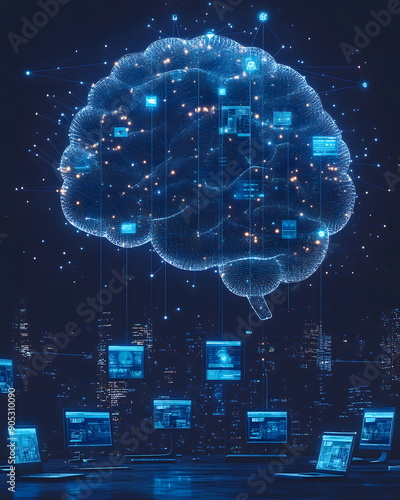 Wallpaper Mural Blue background with laptop and computer connected to brain center, conveying the power of artificial intelligence in business communication suitable for use in presentations related to AI technology Torontodigital.ca