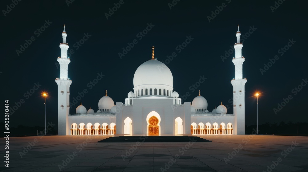 Obraz premium Elegant mosque with intricate designs, surrounded by neon city lights, a harmonious blend of tradition and contemporary urban scenery