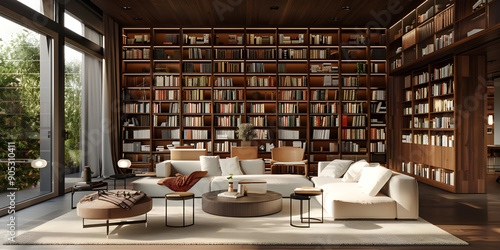 Loft luxury living room with bookshelf background